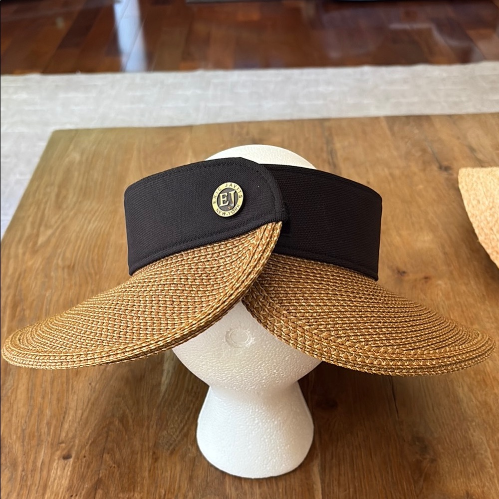 Eric Javits Wide Brim Straw Visor in Tan and Black - Picture 3 of 5